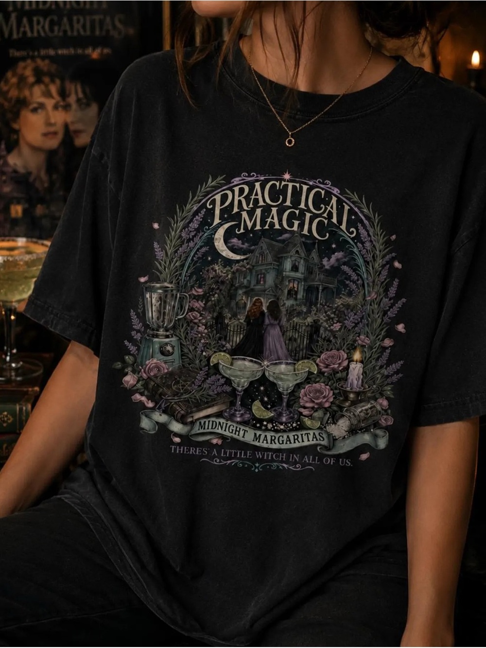 Practical Magic Midnight Margaritas Wall Witchy Graphic Tee - Black Unisex